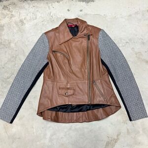 GILLI‎ Leather Moto Jacket Brown Geometric Print Sleeve Asymmetrical Zip Size 12